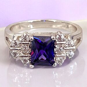 New Silver Tone Ring Purple Princess Cut CZ Clear Accent Stones Size 9 - 8V